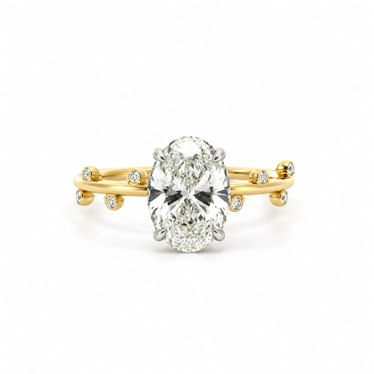 Oval lab diamond engagement ring, 1.50mm tube, floating diamonds & reverse halo design – view 1 of 5
