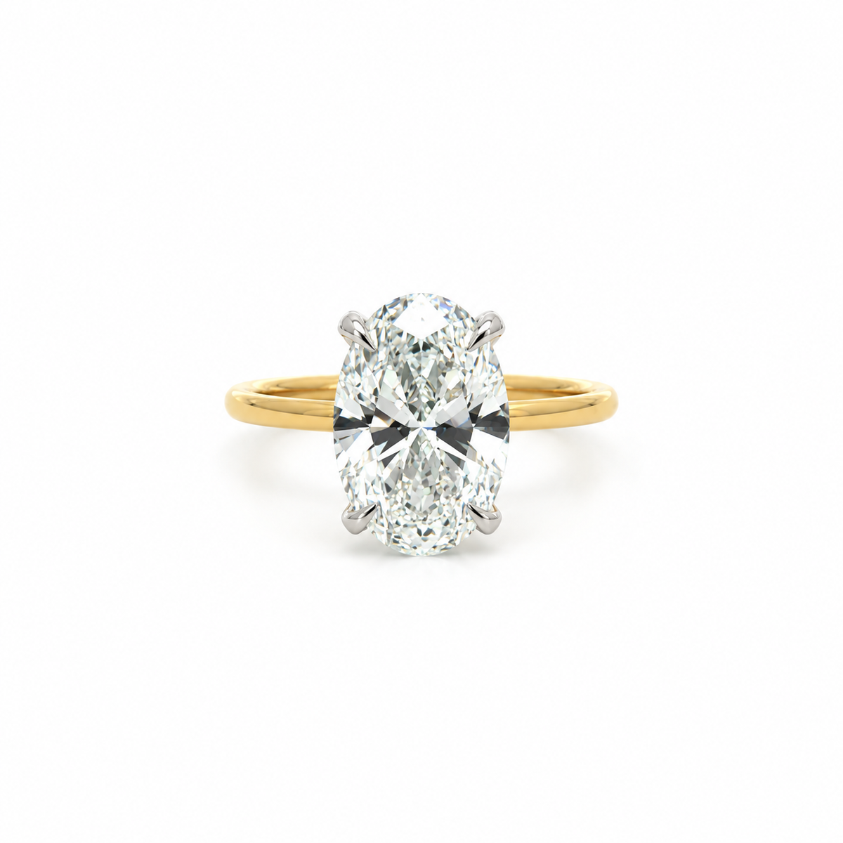 Oval lab diamond solitaire with diamond-encrusted prongs, 18k yellow gold – front view