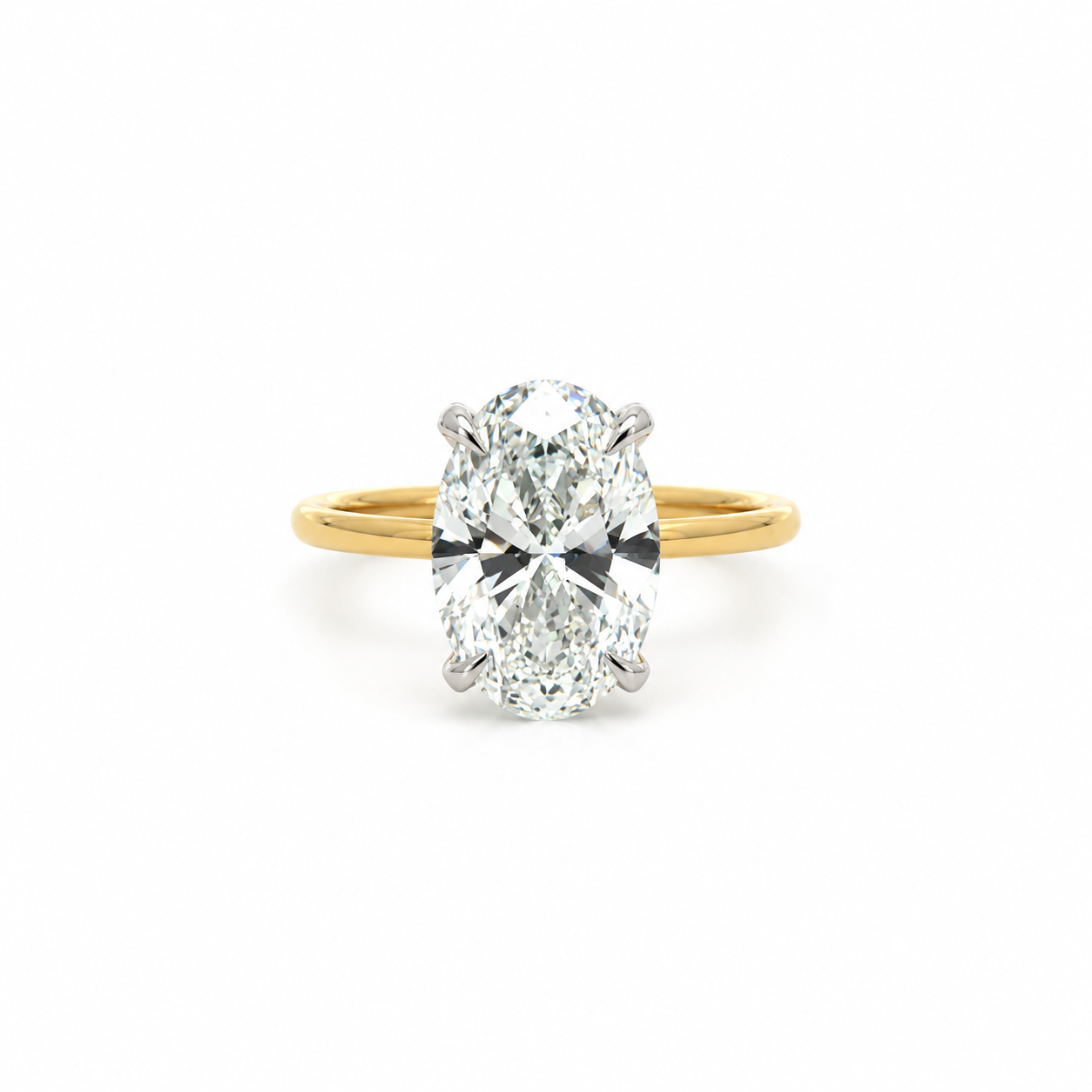 Oval lab diamond solitaire with diamond-encrusted prongs, 18k yellow gold – front view