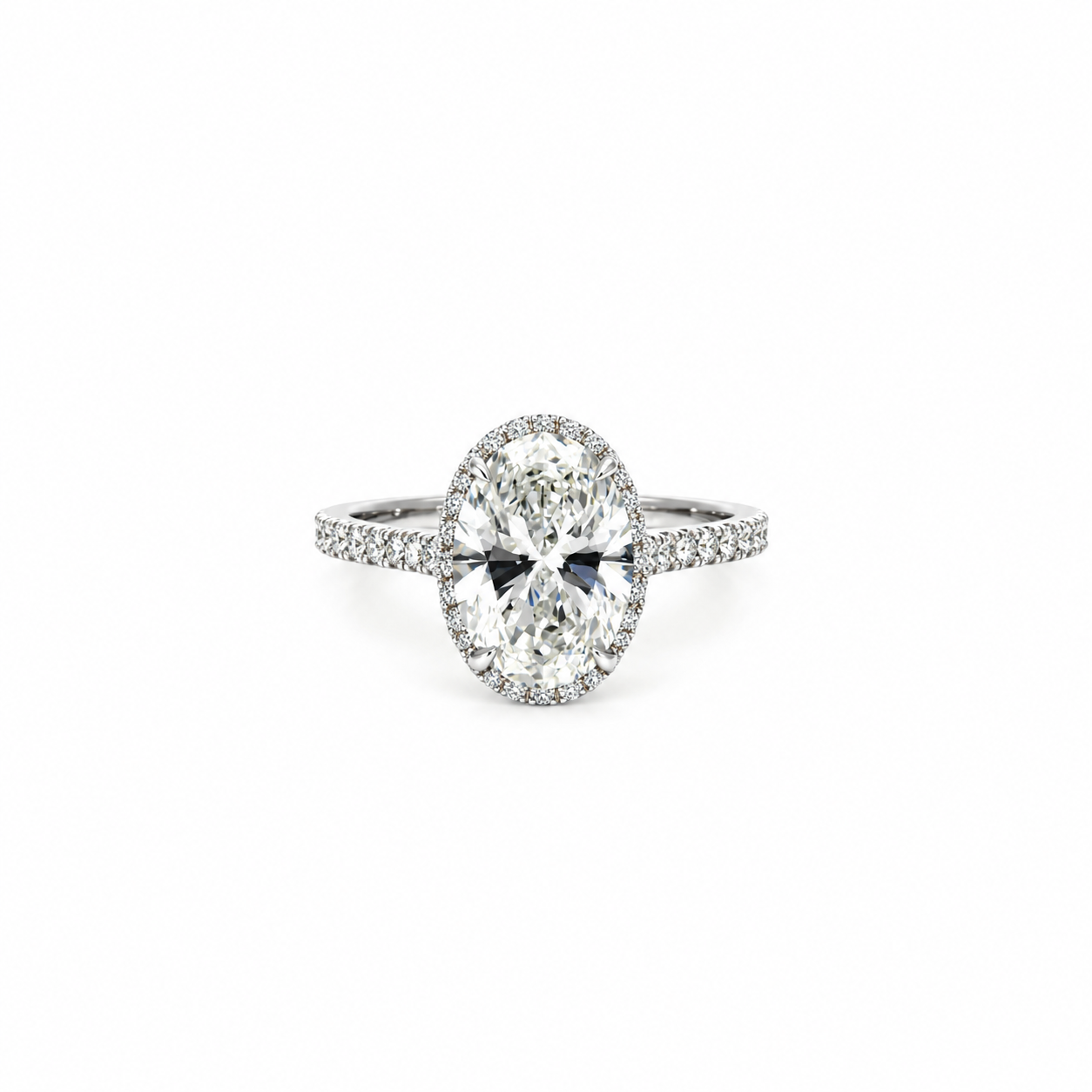 Oval lab diamond engagement ring with halo and Italian pavé band, 18k white gold – front view
