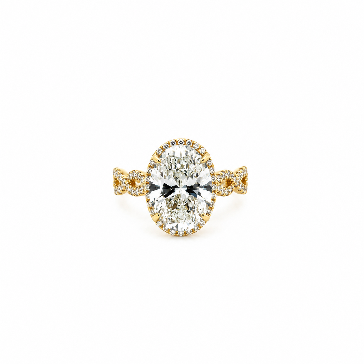 Oval lab diamond engagement ring, diamondboi hidden halo with braided shank – view 1 of 3