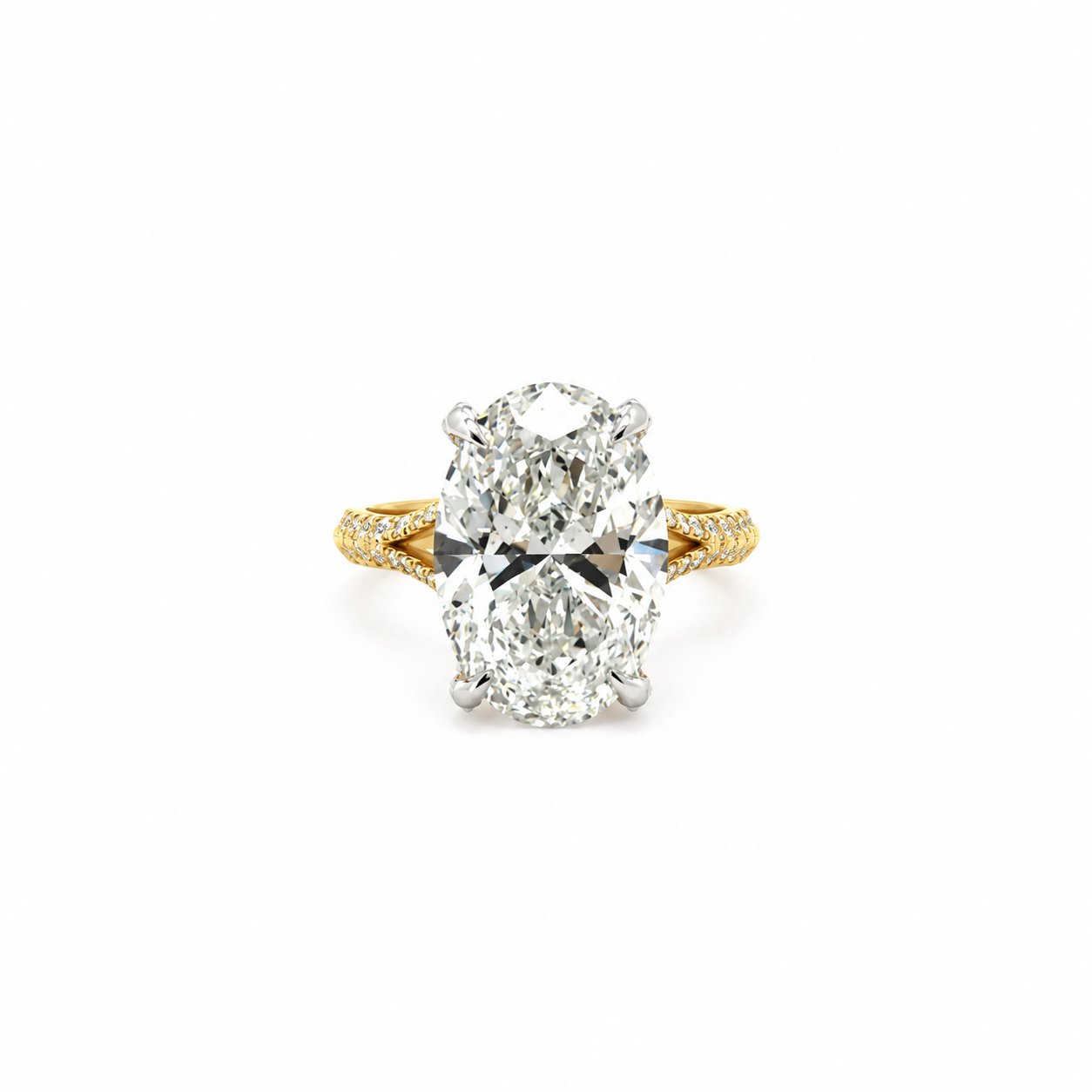 Oval lab diamond split shank engagement ring, 18k yellow gold – front view