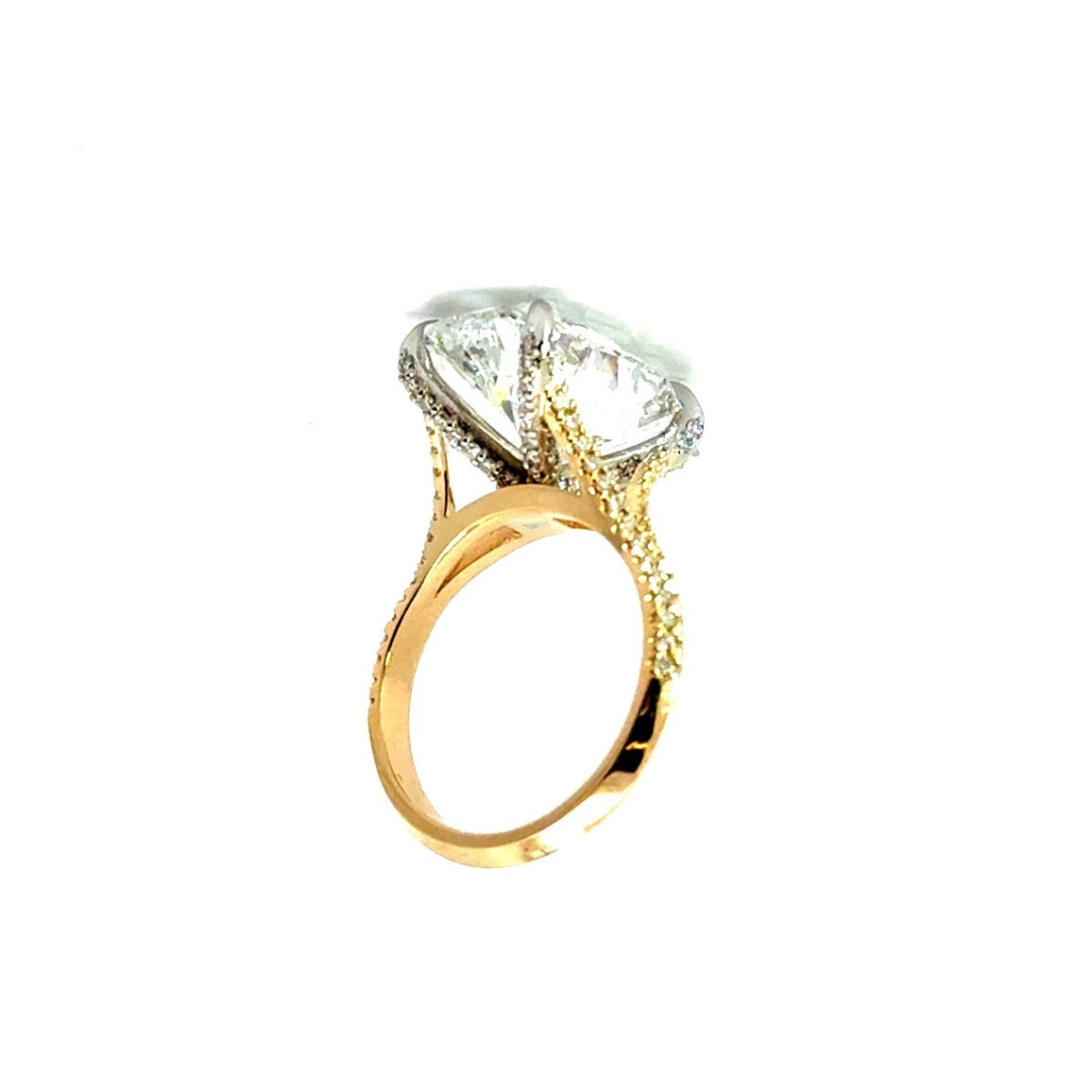 Oval lab diamond ring with diamond-encrusted prongs, 18k yellow gold – angled view