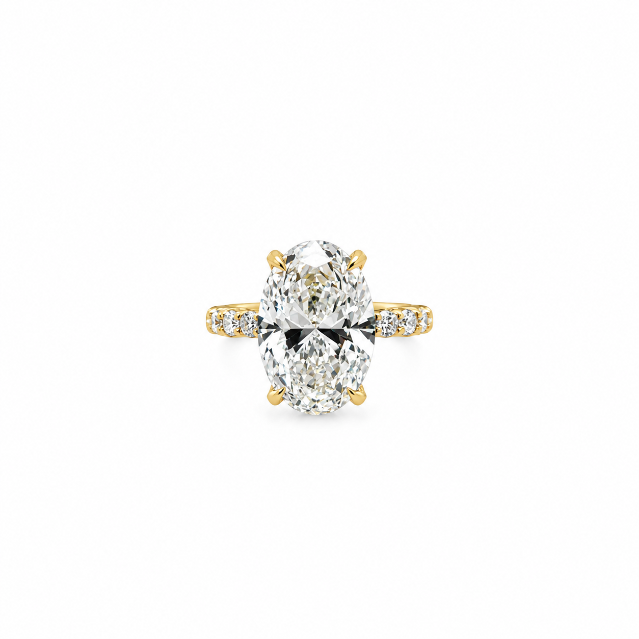 Oval lab diamond engagement ring, round diamond illusion setting, 18k yellow gold – front view