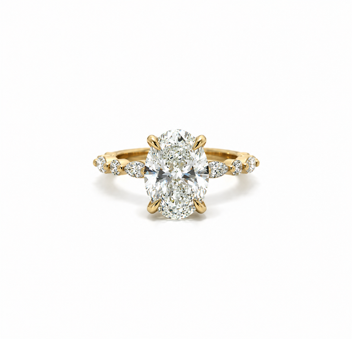 Oval lab diamond engagement ring with marquise and round diamond band, 18k yellow gold – front view