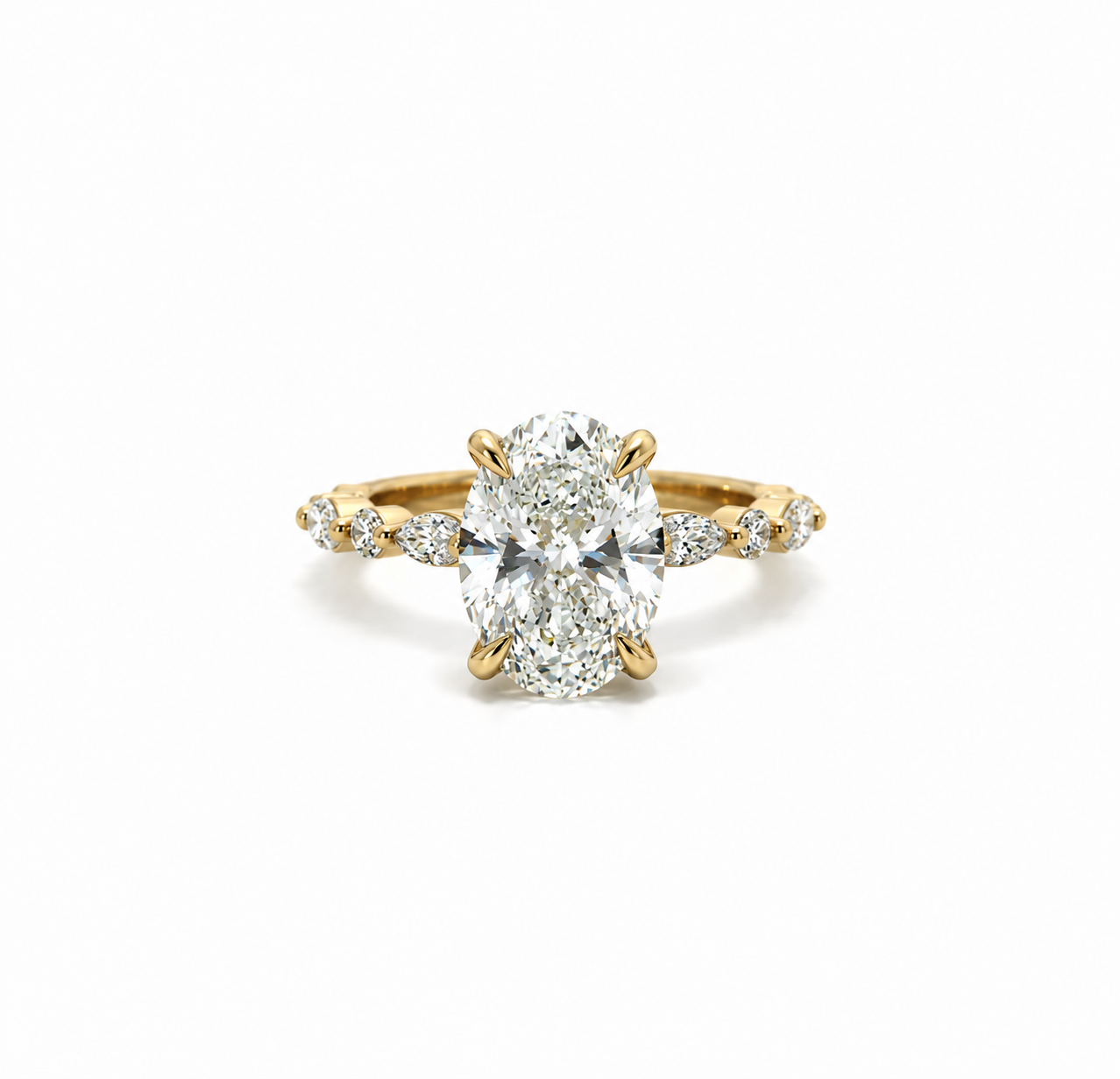 Oval lab diamond engagement ring with marquise and round diamond band, 18k yellow gold – front view