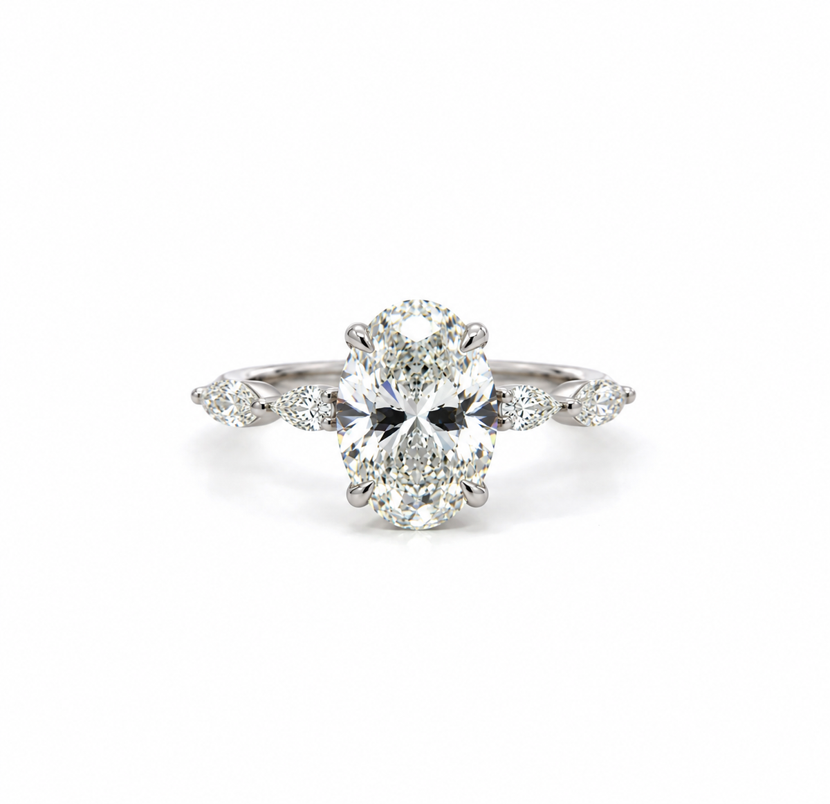 Oval lab diamond engagement ring with marquise diamond band, 18k white gold – front view