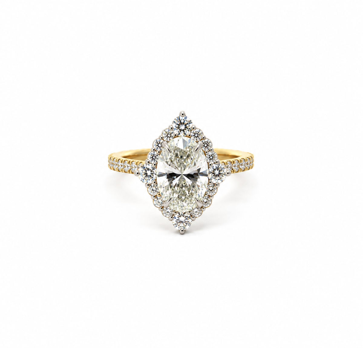 Oval lab diamond engagement ring, vintage halo & italian pave design – view 1 of 3