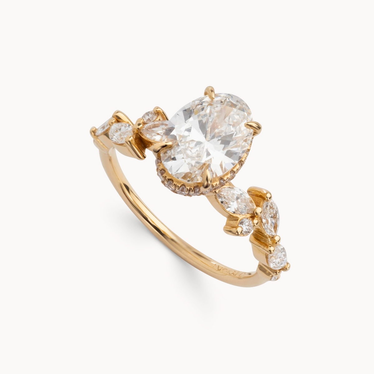 Oval natural diamond engagement ring, marquise, round leaf motif & reverse halo design – view 4 of 6