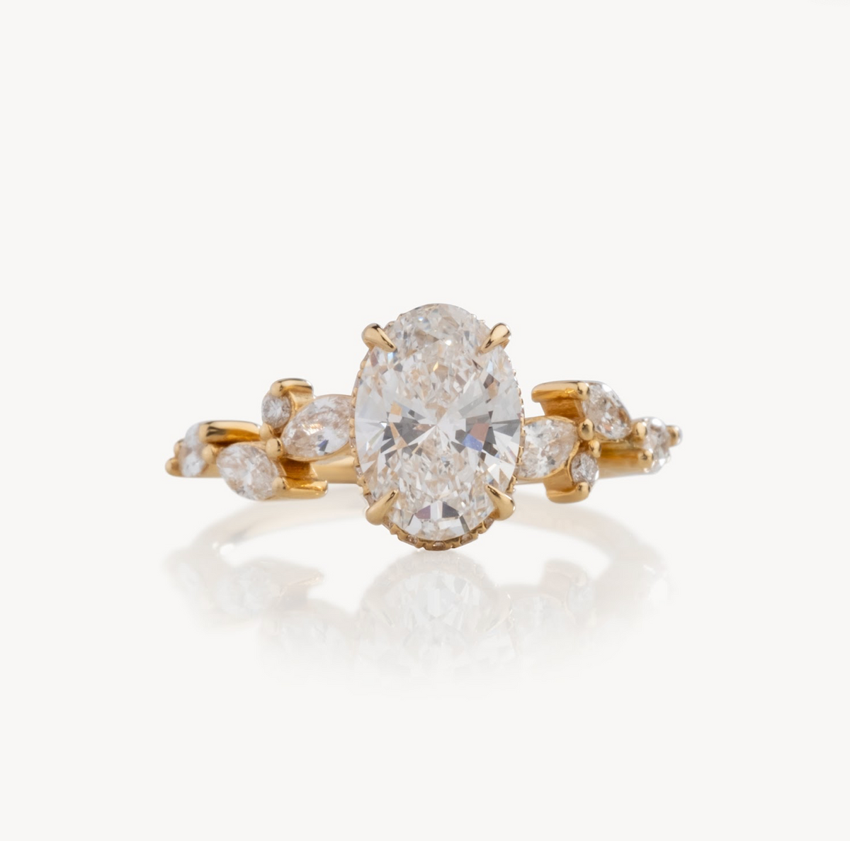 Oval natural diamond engagement ring, marquise, round leaf motif & reverse halo design – view 3 of 6