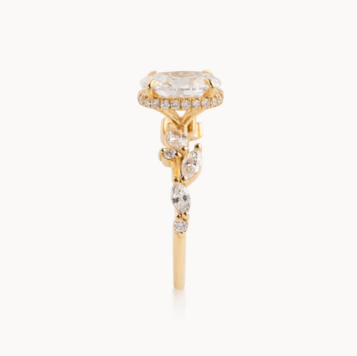 Oval natural diamond engagement ring, marquise, round leaf motif & reverse halo design – view 6 of 6