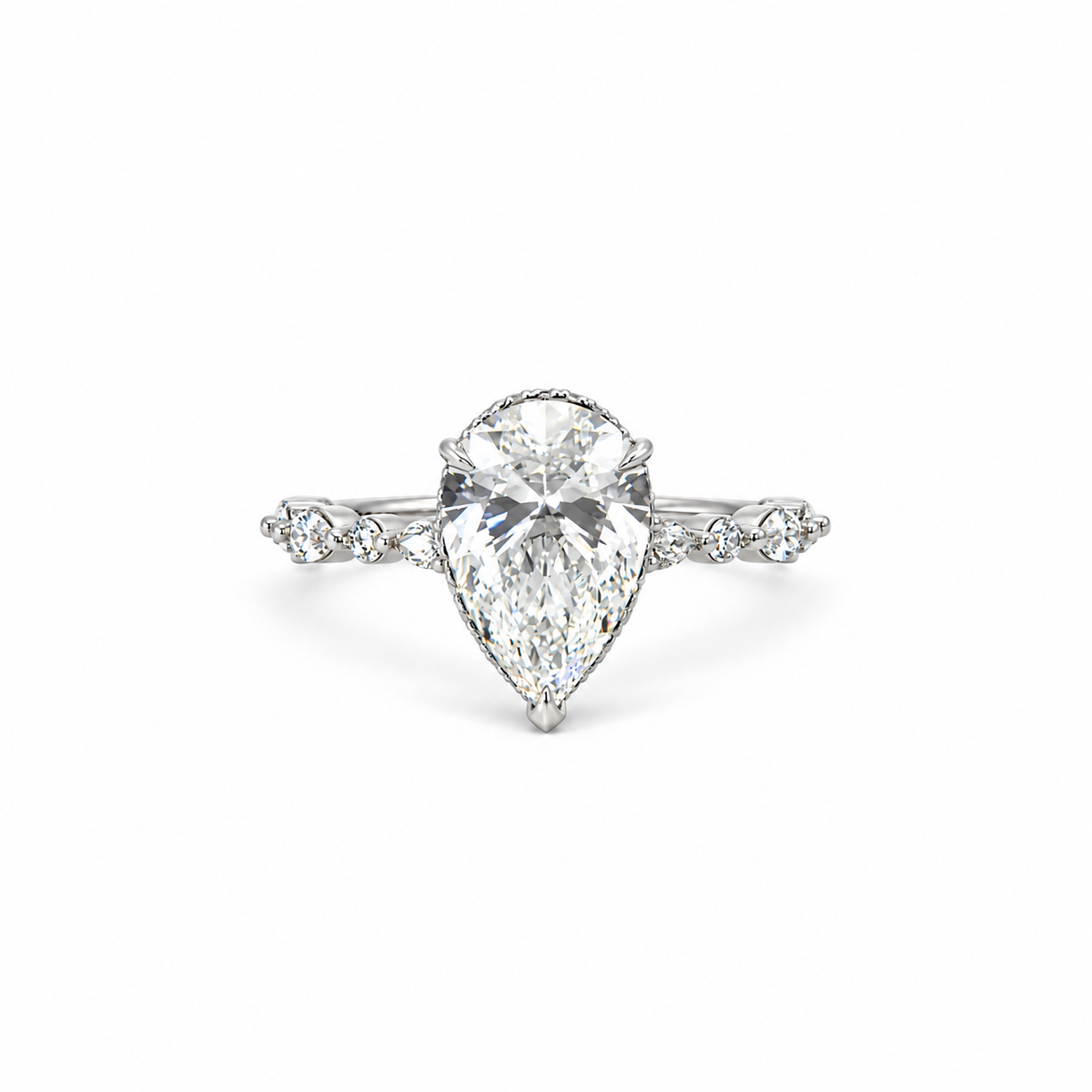 Pear lab diamond engagement ring, marquise-round diamond & diamond prong design – view 1 of 3