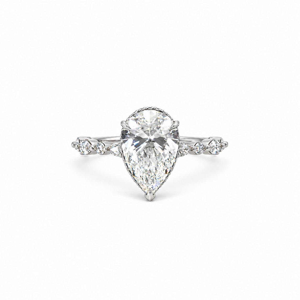 Pear lab diamond engagement ring, marquise-round diamond & diamond prong design – view 1 of 3