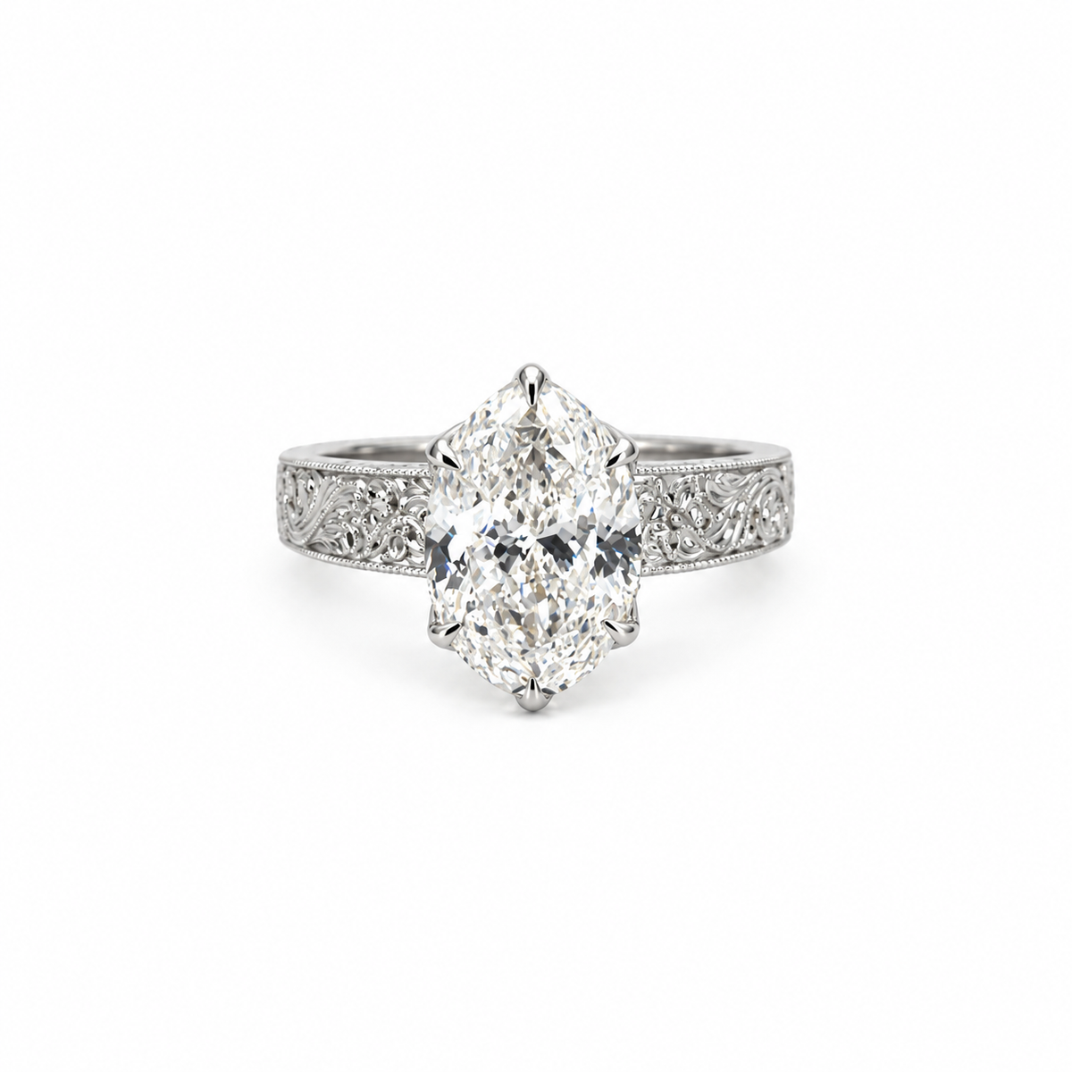 Portuguese Cut Oval Lab Diamond | 4MM Hand Carved Vintage Design | Reverse Halo - Lab Engagement Ring