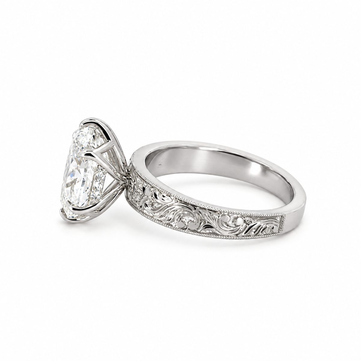 Portuguese Cut Oval Lab Diamond | 4MM Hand Carved Vintage Design | Reverse Halo - Lab Engagement Ring