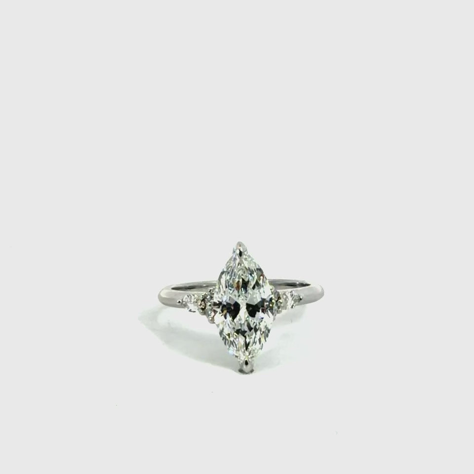 Marquise cut lab diamond engagement ring, 1.80mm non-cathedral tube shank with round and marquise stations and reverse halo – video