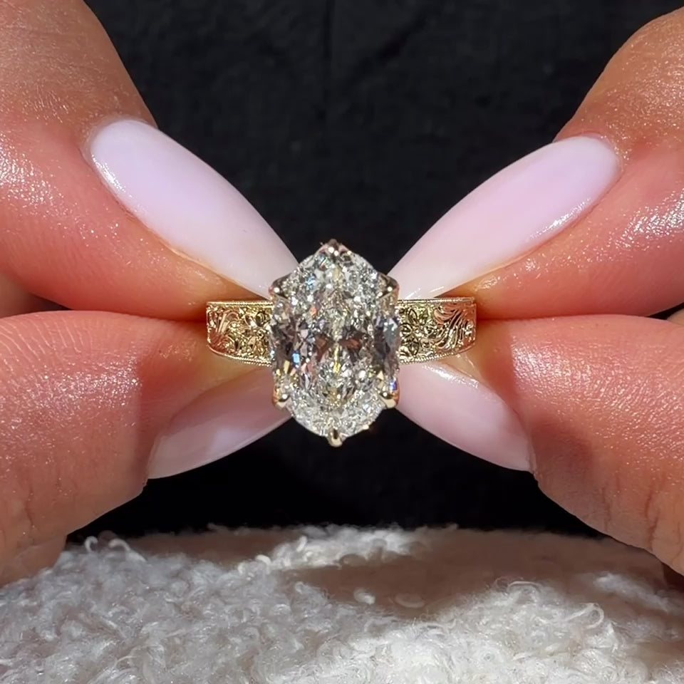 Portuguese Cut Oval Lab Diamond – 4MM Hand Carved Vintage Design – Reverse Halo – video