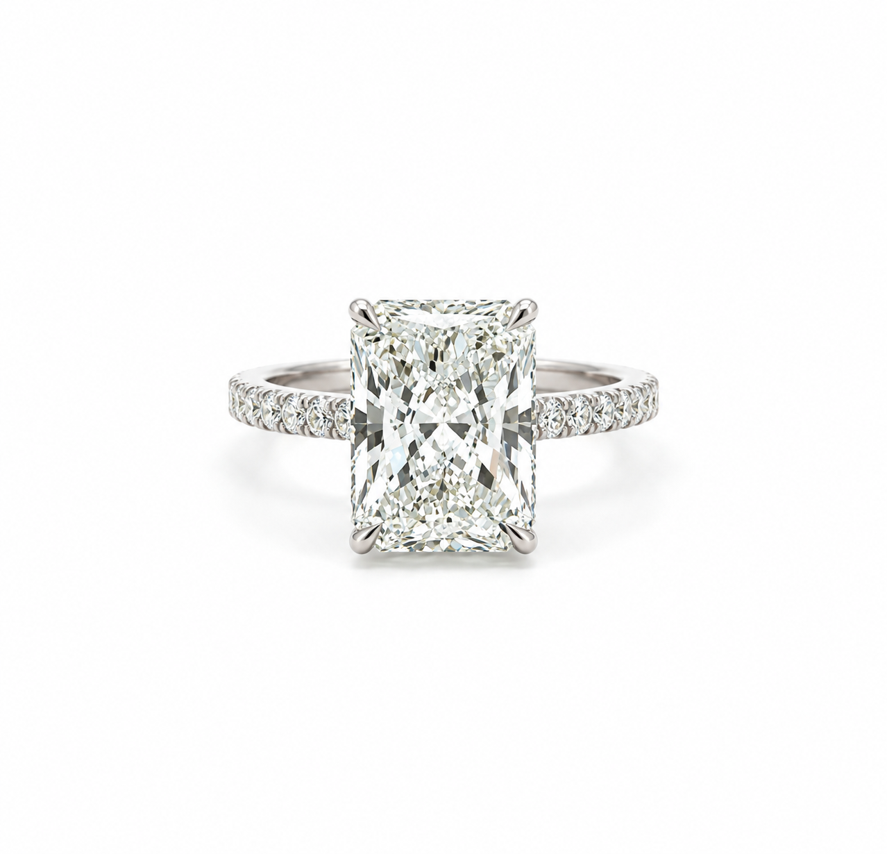 Radiant lab diamond reverse halo engagement ring with pavé band, 18k white gold – front view