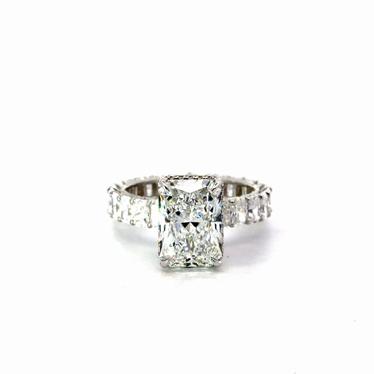 Radiant cut lab-grown diamond engagement ring with reverse halo and radiant eternity band – view 3 of 4
