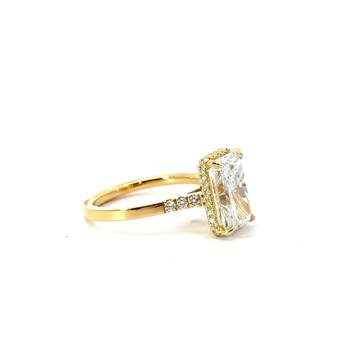 Radiant natural diamond engagement ring, 1/4 diamond shank with reverse halo – view 2 of 3