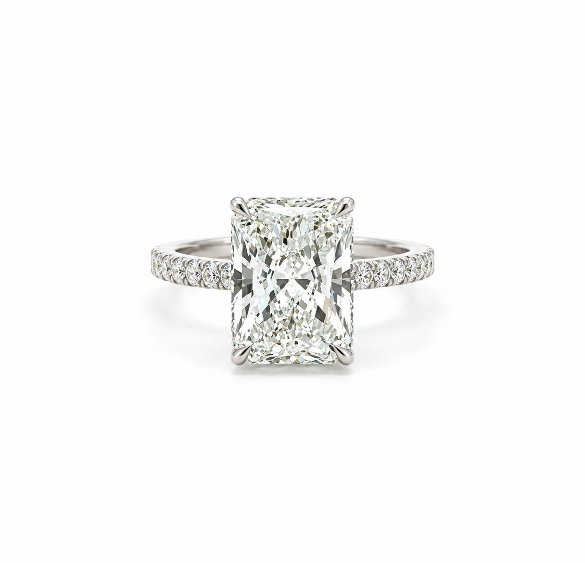 Radiant natural diamond reverse halo engagement ring with pavé band, 18k white gold – front view