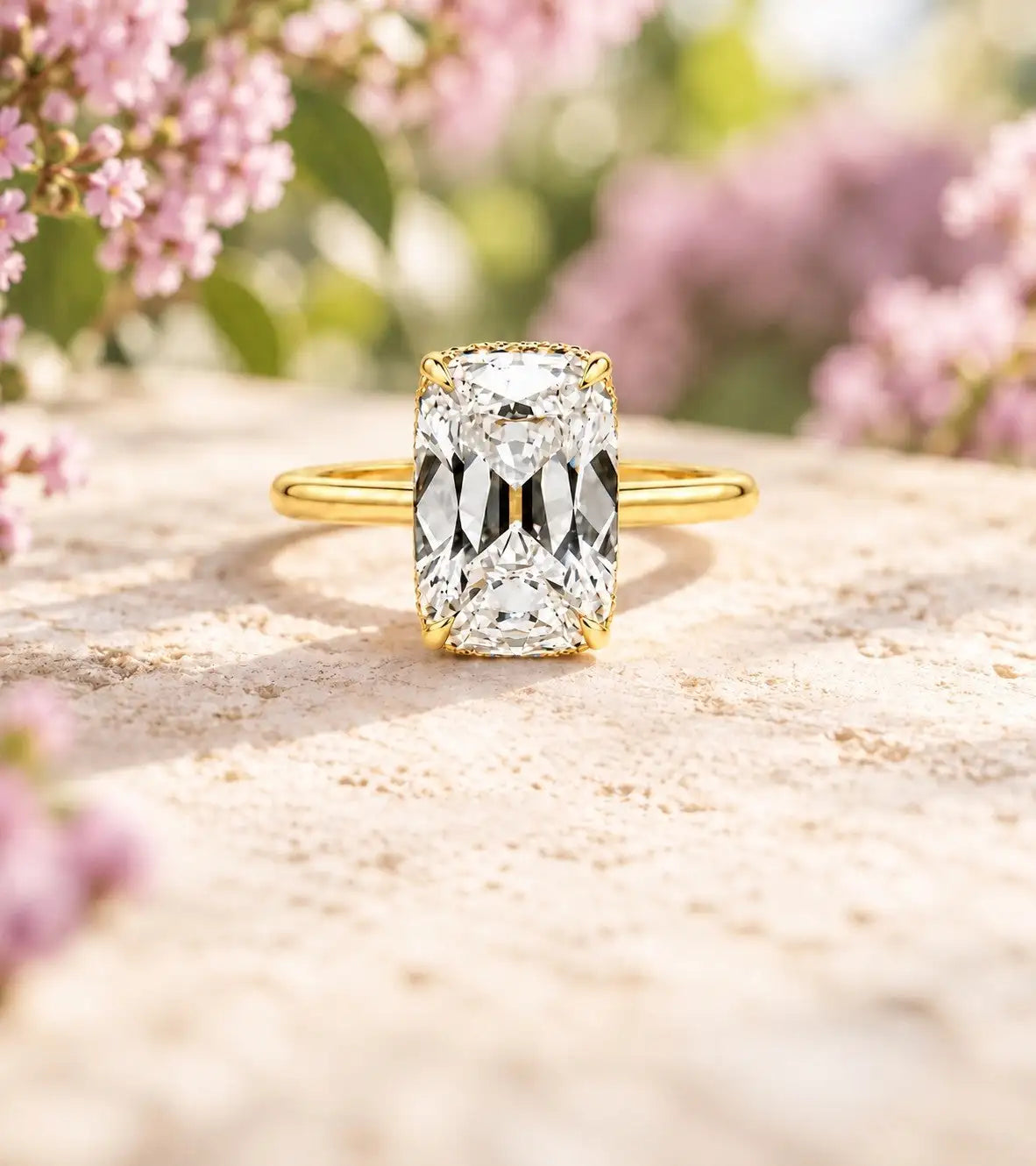 Lab-grown elongated cushion solitaire engagement ring in yellow gold - diamondboi