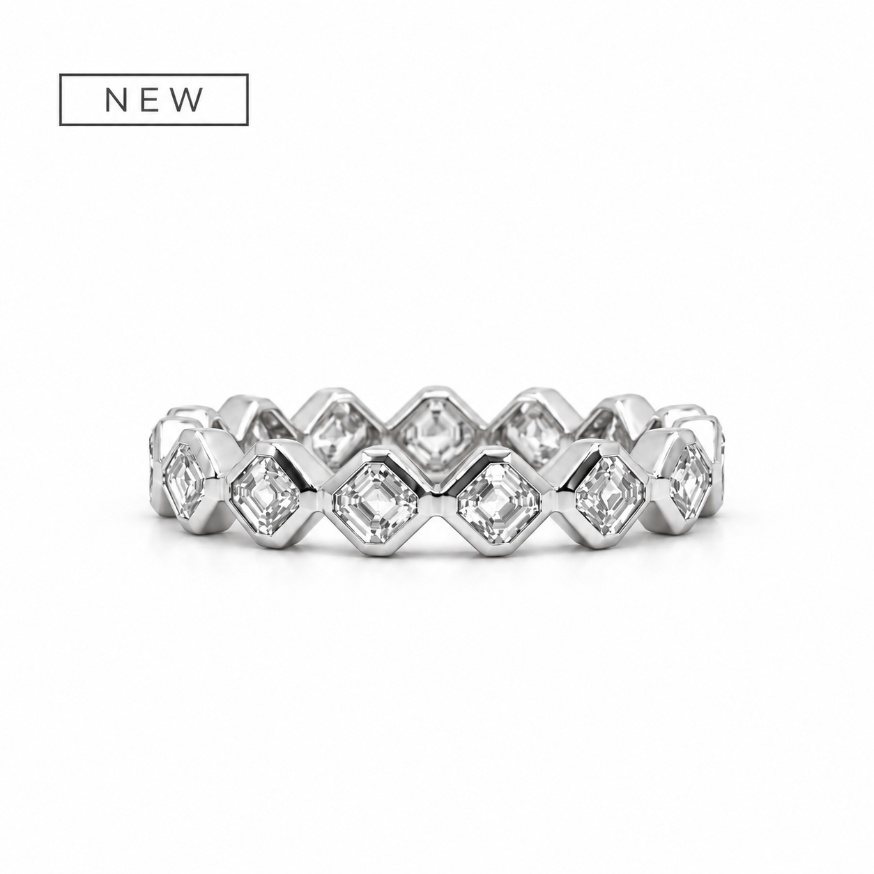 Rotated Asscher cut ladies diamond wedding band in gold – view 1 of 2