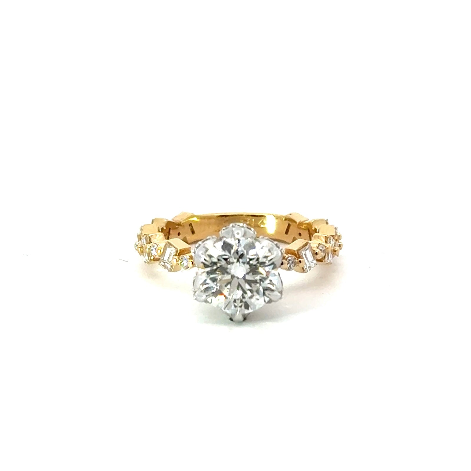Round Cut Diamond - Baguette/ Round Diamond Station Design with Diamond Leaf Basket - Choice of.50ct /.80ct /1.00ct