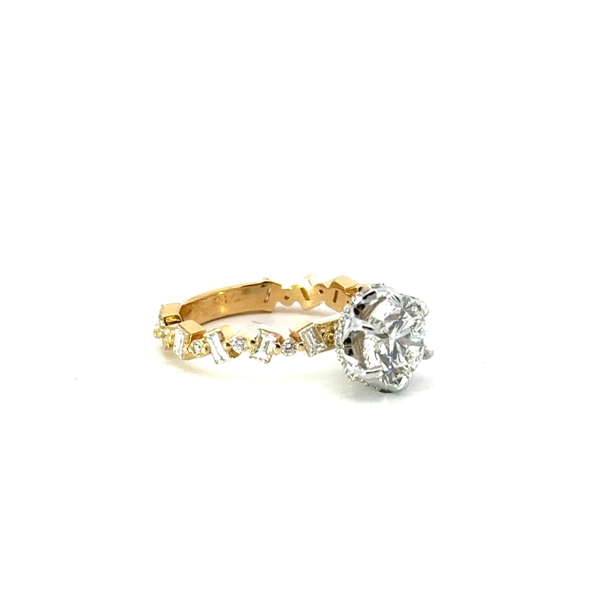 Round Cut Diamond - Baguette/ Round Diamond Station Design with Diamond Leaf Basket - Choice of.50ct /.80ct /1.00ct