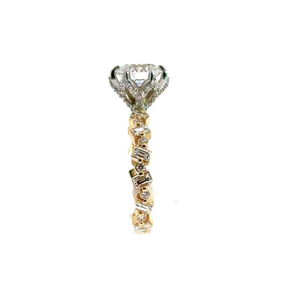 Round Cut Diamond - Baguette/ Round Diamond Station Design with Diamond Leaf Basket - Choice of.50ct /.80ct /1.00ct