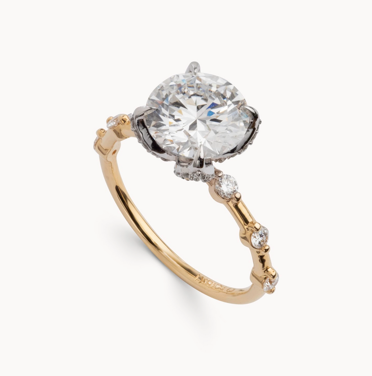 Round Cut Diamond Spaced Out Shared Bead Design with Diamond Leaf Basket - Choice of.50ct /.80ct / 1.00ct /1.20ct