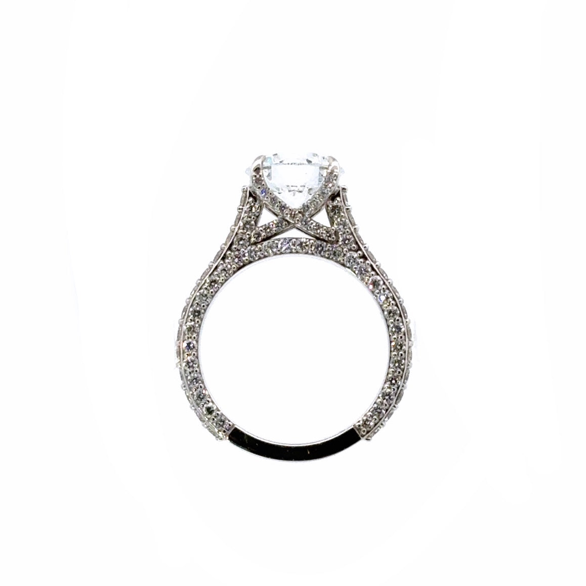 Round Cut Lab Diamond-3-sided pave with criss-cross floating prongs- Available in 1.00ct - 7.00ct - Hidden Halo Reverse