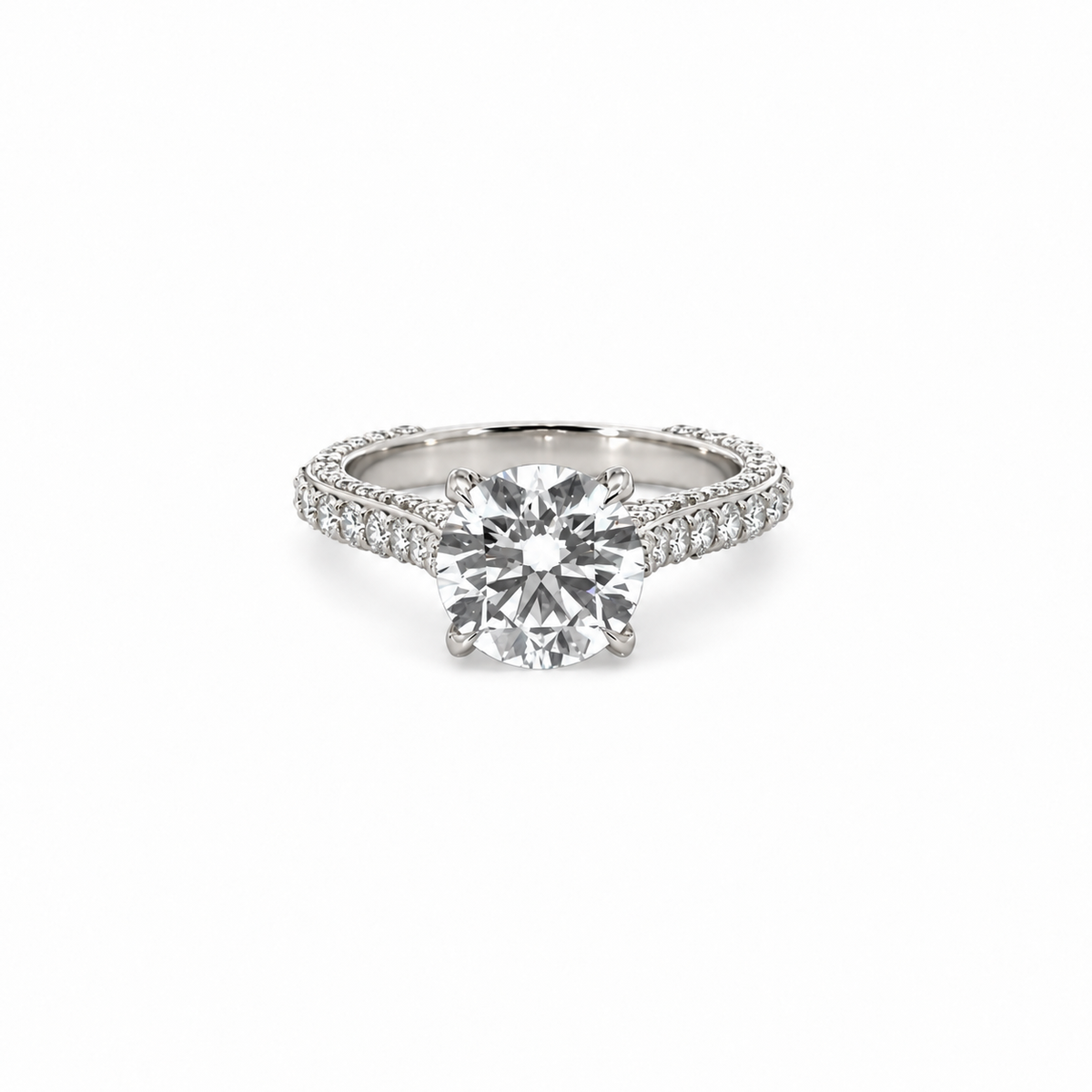 Round Cut Lab Diamond-3-sided pave with criss-cross floating prongs- Available in 1.00ct - 7.00ct - Hidden Halo Reverse