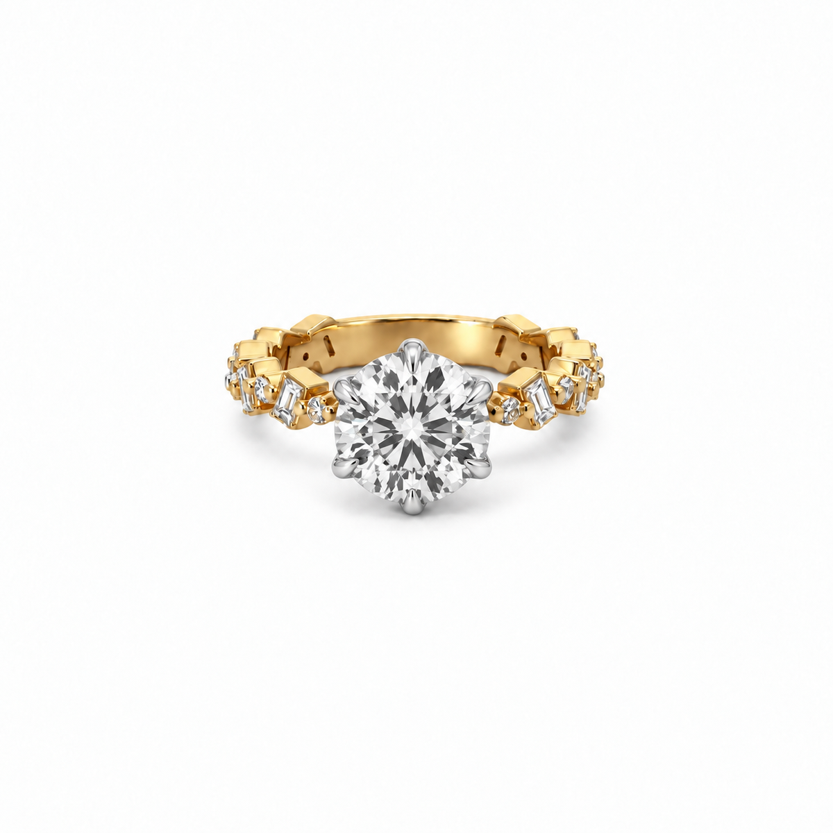 Round Cut Lab Diamond - Baguette & Round Fancy Station Shank with Diamond Leaf Basket - Available in 1.00ct - 7.00ct