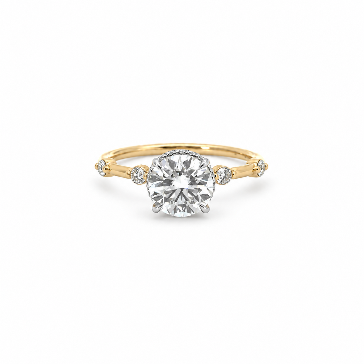 Round Cut Lab Diamond - Reverse Halo with Spaced Out Shared Bead Shank - Available in 1.00ct - 7.00ct - Hidden Halo