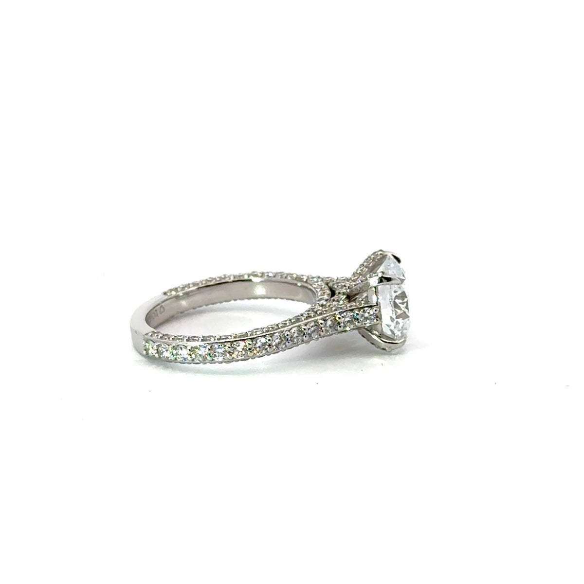 Round natural diamond engagement ring, 3-sided pave with criss-cross floating prongs – view 2 of 3