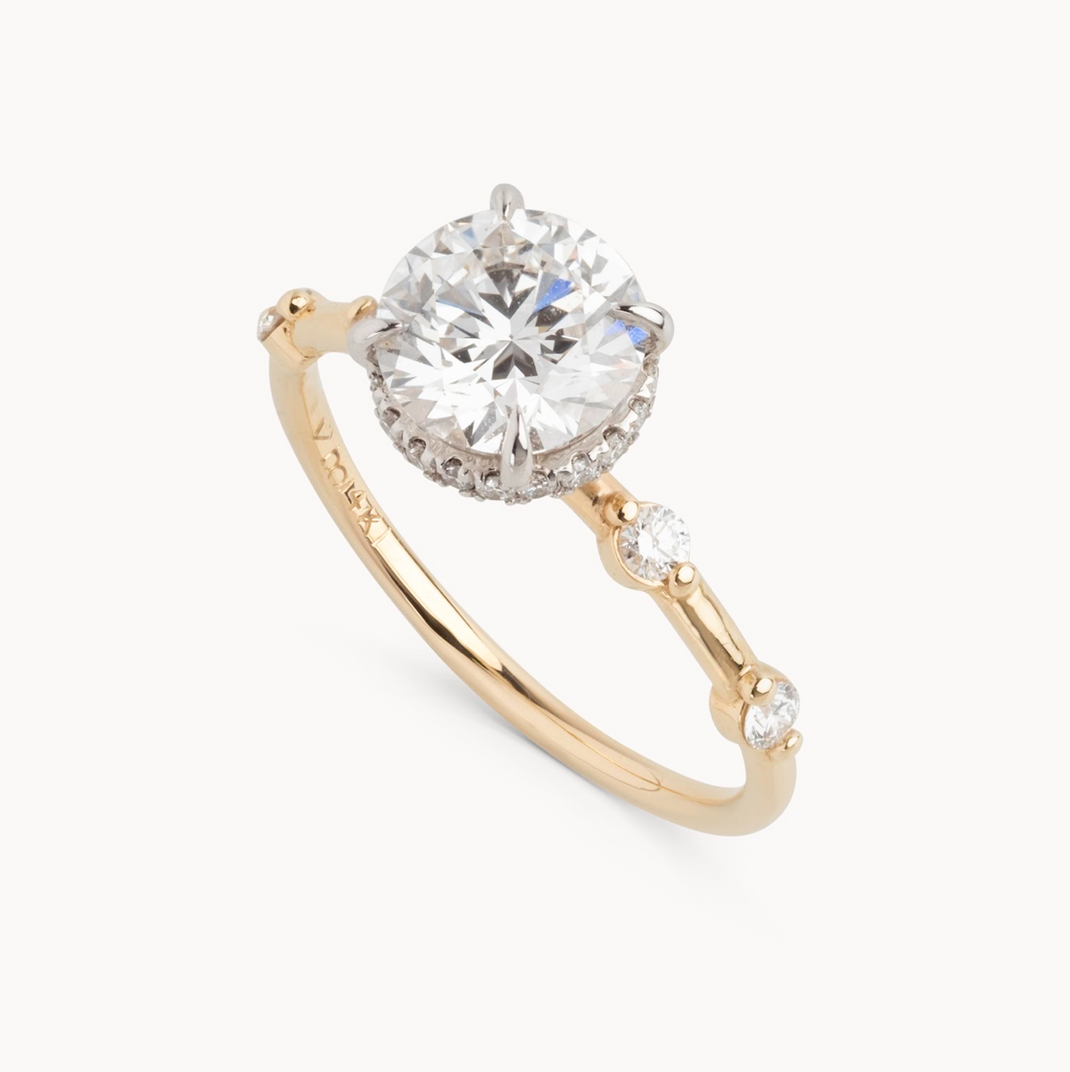 Round natural diamond engagement ring, reverse halo with spaced out shared bead shank – view 5 of 6