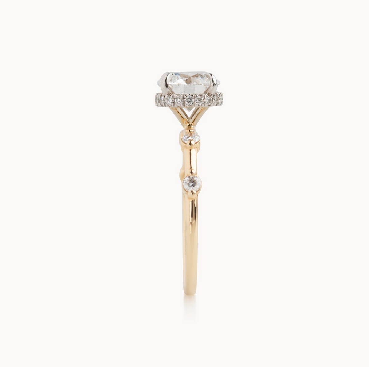 Round natural diamond engagement ring, reverse halo with spaced out shared bead shank – view 6 of 6