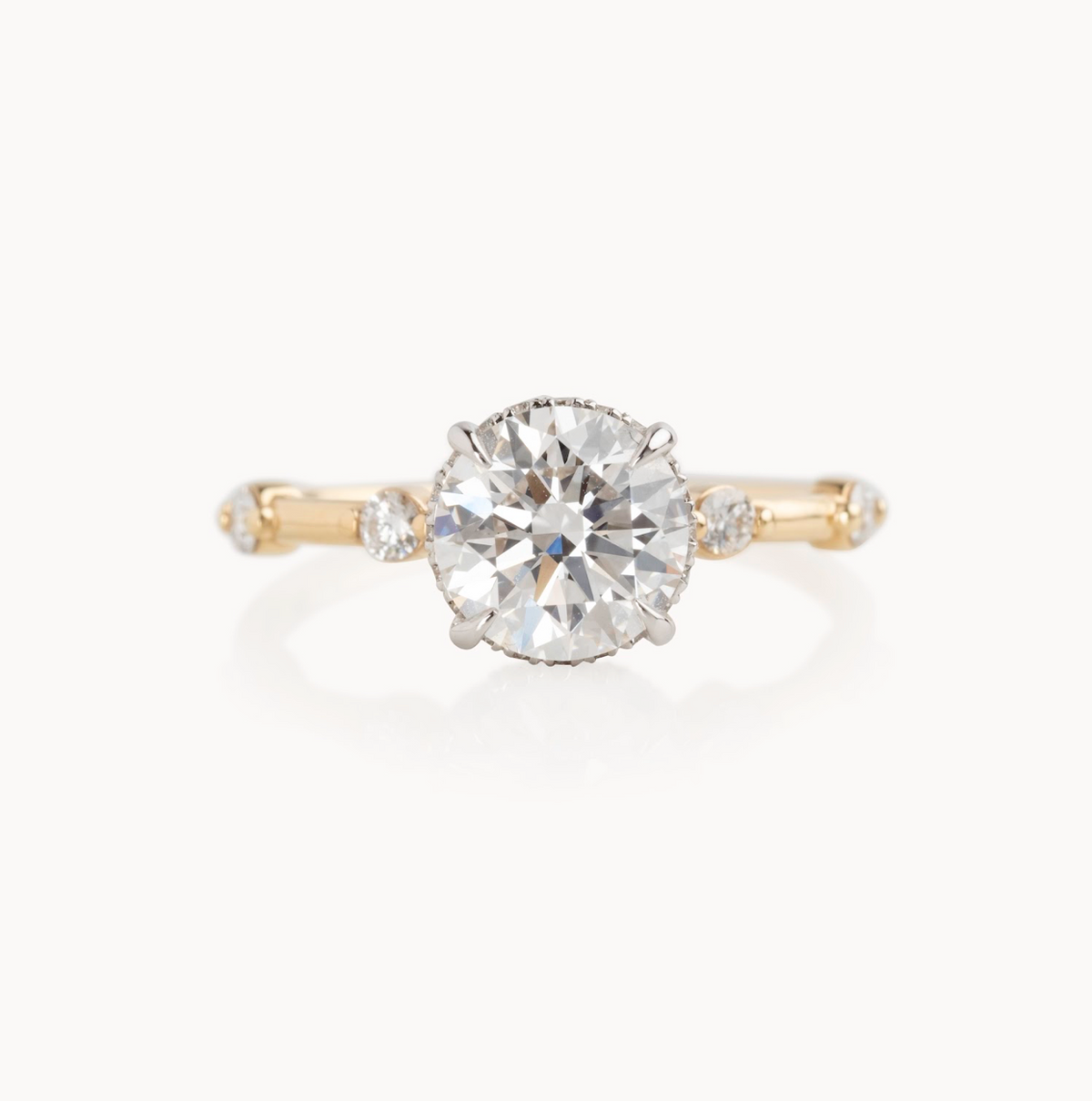 Round natural diamond engagement ring, reverse halo with spaced out shared bead shank – view 3 of 6