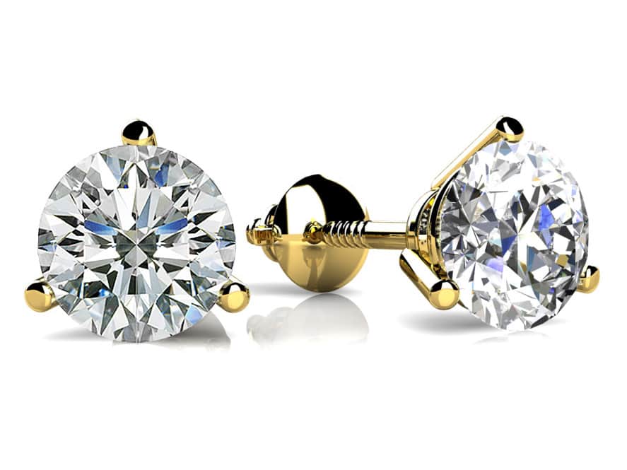 Round diamond stud earrings, 3-prong setting, 18k yellow gold with screw back