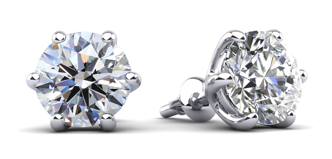 Round diamond stud earrings, 6-prong setting, 18k white gold