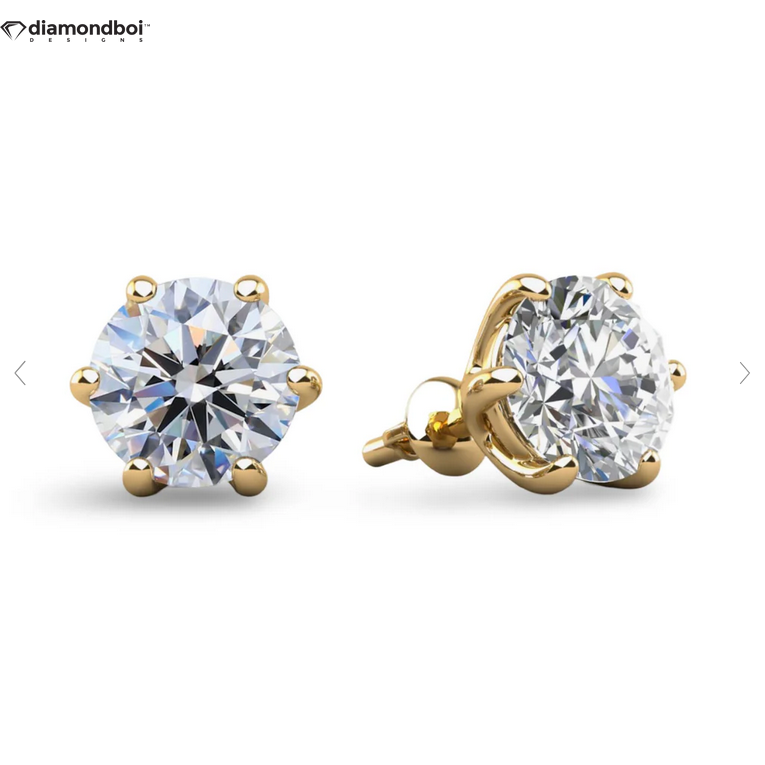 Round diamond stud earrings, 6-prong setting, 18k yellow gold