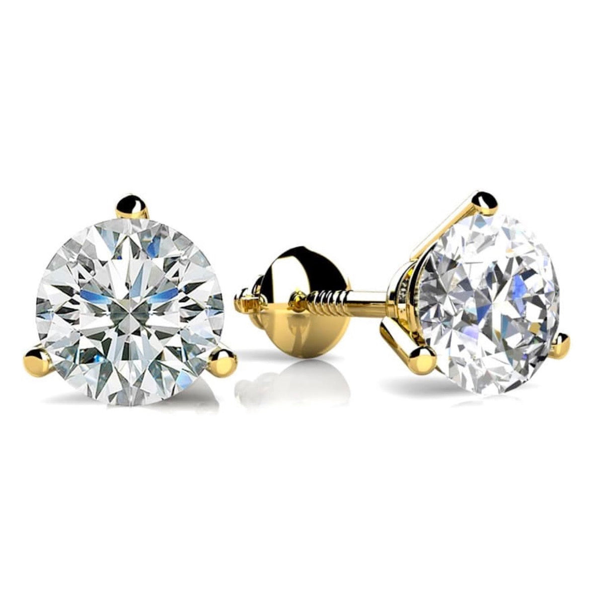 Round diamond stud earrings, 3-prong martini setting, 18k white gold with screw back