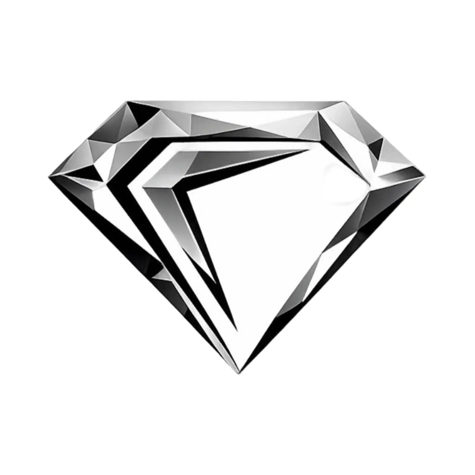 A sleek, faceted diamond-shaped emblem with sharp geometric cuts and a polished metallic finish.