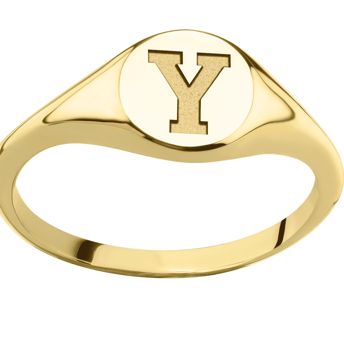 Small Circle signet ring (10mm) in 14K Yellow Gold with a Thin style band and a Brigham Young Block Y engraving. - 10