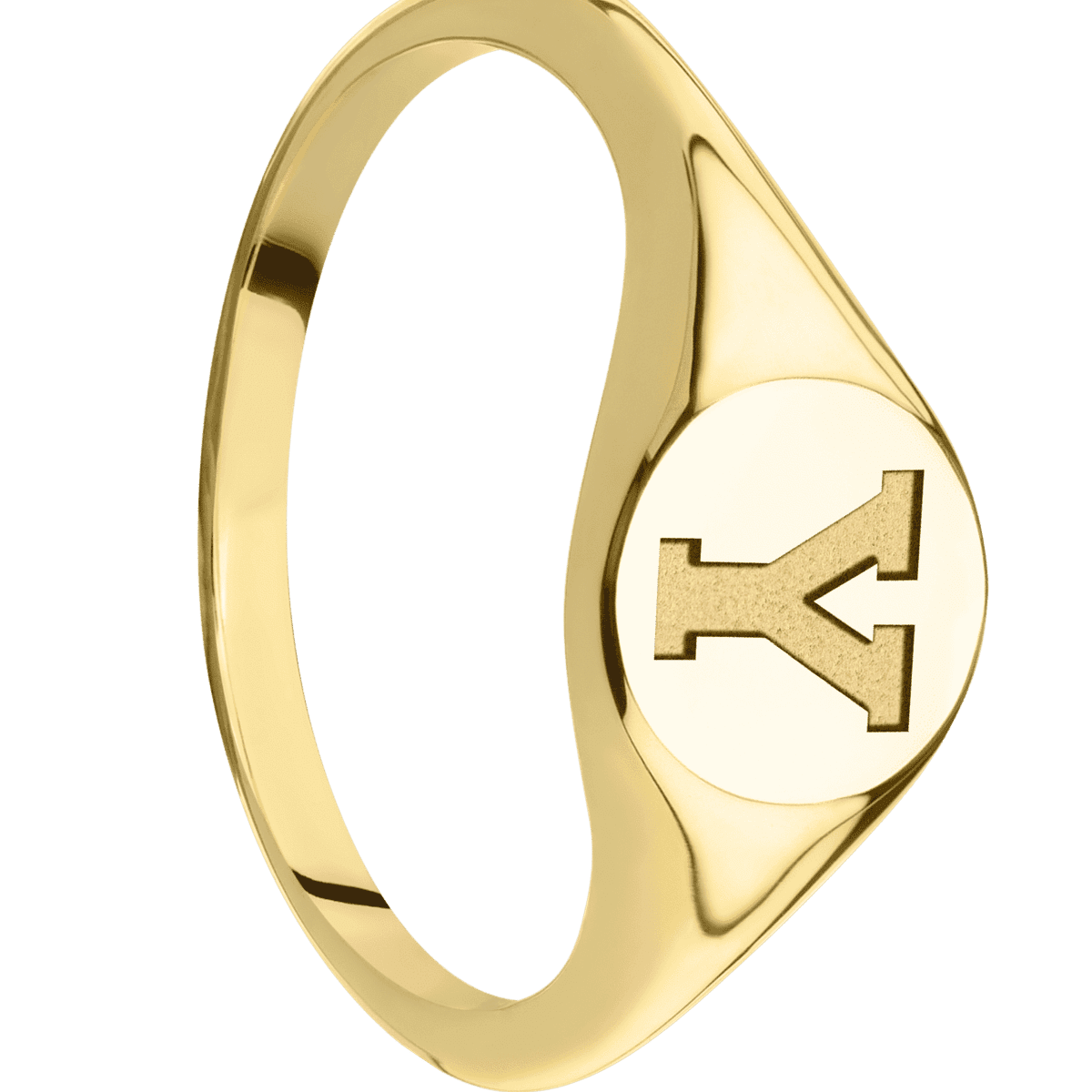 Small Circle signet ring (10mm) in 14K Yellow Gold with a Thin style band and a Brigham Young Block Y engraving. - 10
