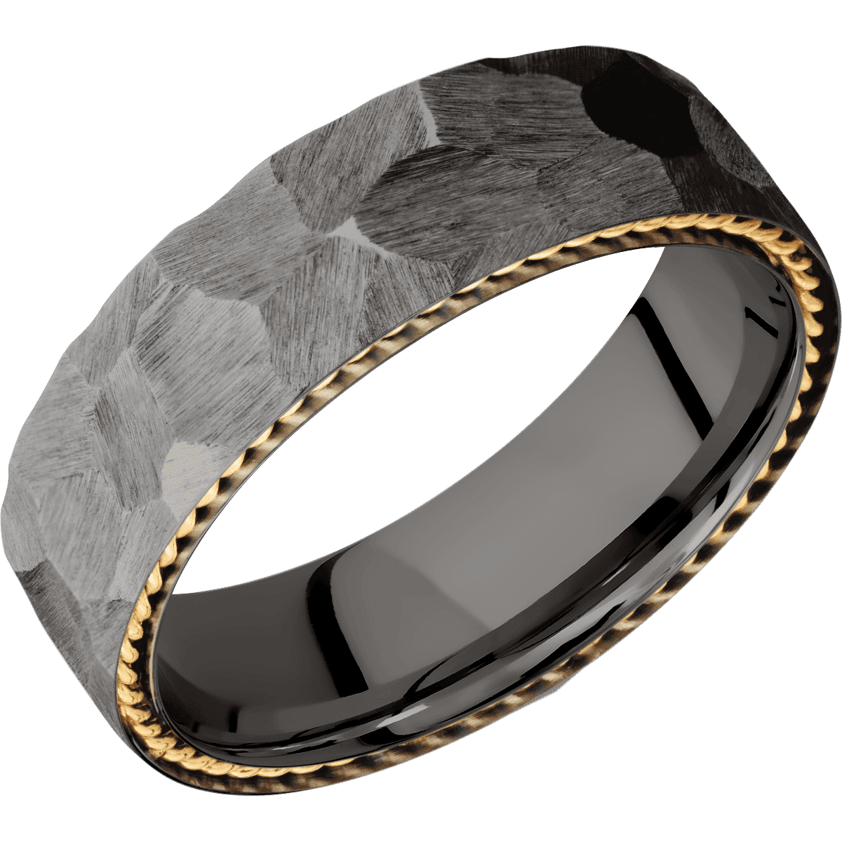 Tantalum Noir + Rock Finish - 7 mm wide/Flat/Tantalum Noir band with two 1 mm Sidebraid inlays of 14K Yellow Gold.