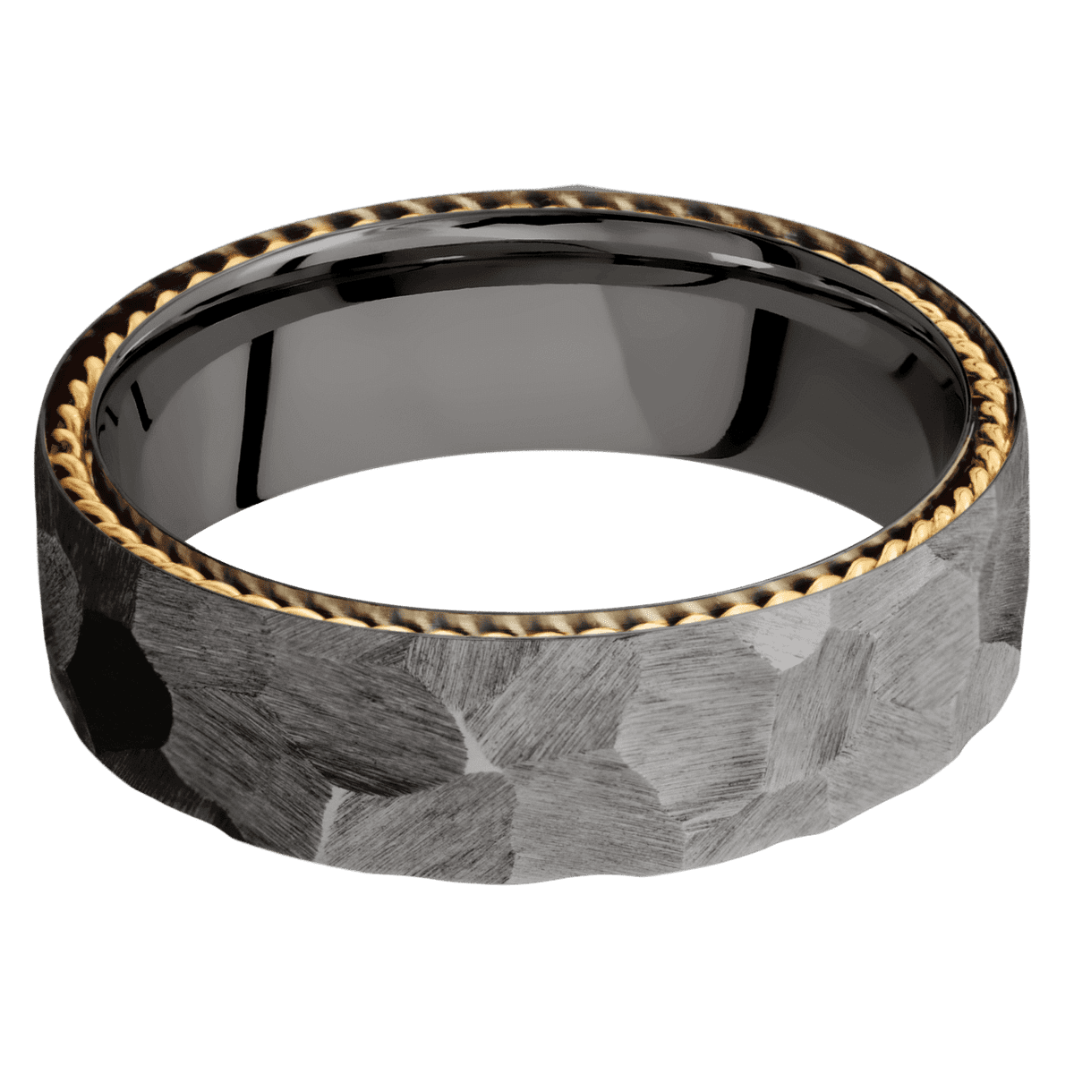 Tantalum Noir + Rock Finish - 7 mm wide/Flat/Tantalum Noir band with two 1 mm Sidebraid inlays of 14K Yellow Gold.