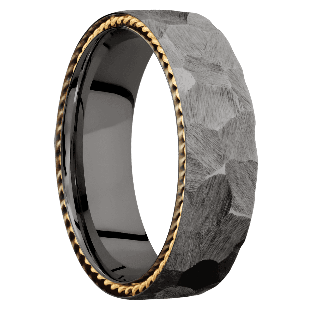 Tantalum Noir + Rock Finish - 7 mm wide/Flat/Tantalum Noir band with two 1 mm Sidebraid inlays of 14K Yellow Gold.