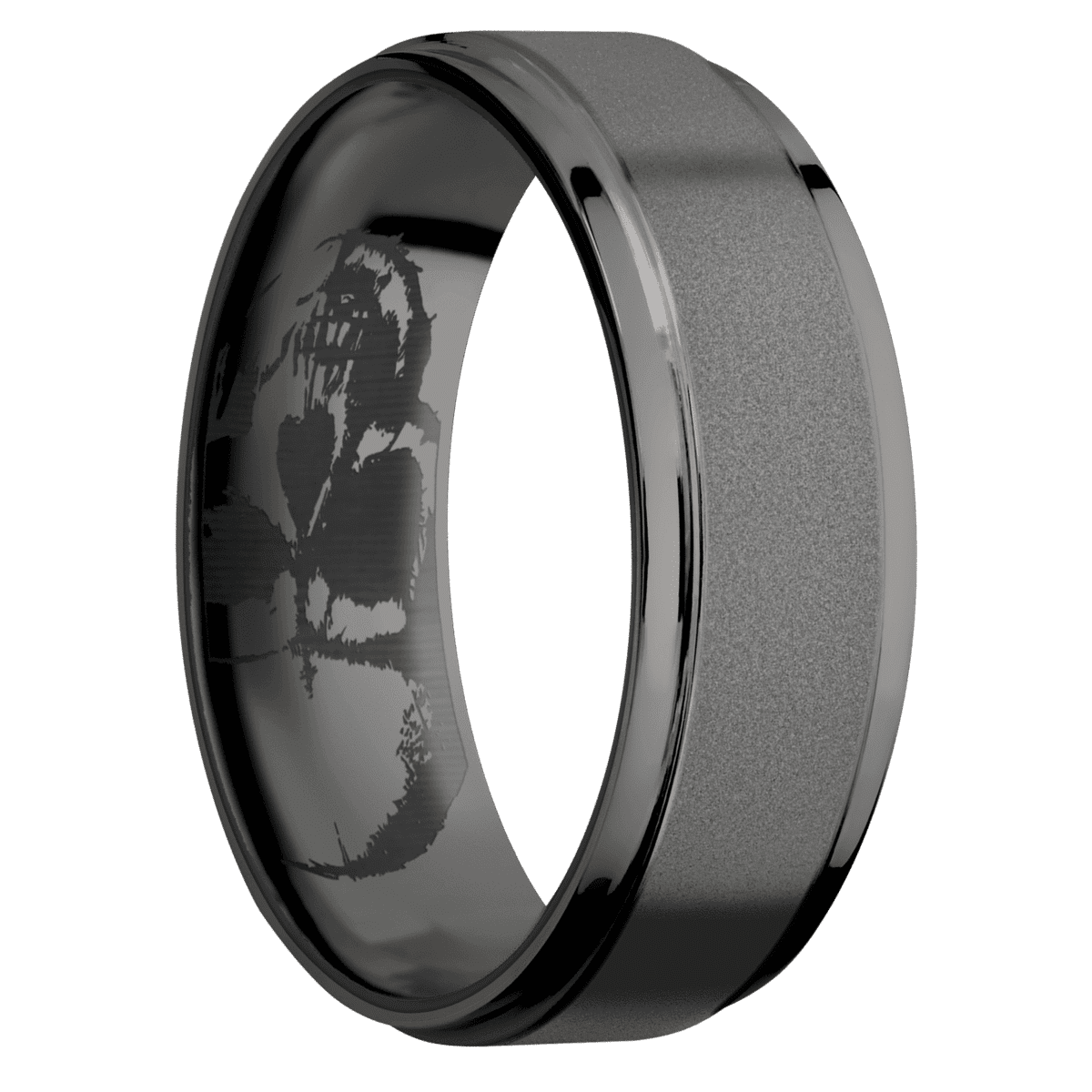 Tantalum Noir + Sand Polish Finish + Zirconium - 7 mm wide Flat Grooved Edges Tantalum Noir band featuring a Zirconium